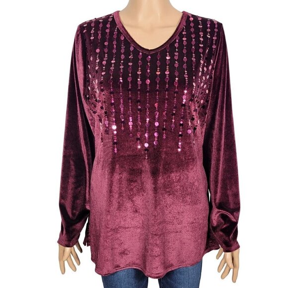 Quacker Factory Women's Paillettes V-Neck Velvet Sequins Top in Purple Size M - Picture 1 of 11